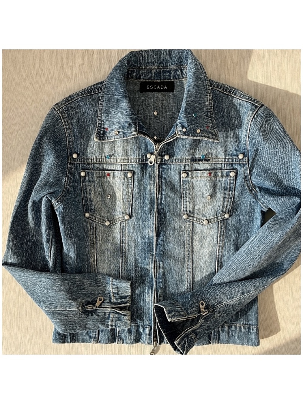 Vintage ESCADA Y2K Studded Stretch Denim Zip Jacket Small